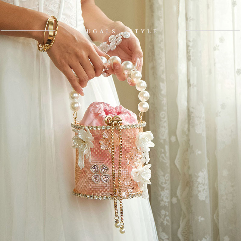 UGALS法式复古珍珠花朵水钻菜篮子鸟笼水桶女宴会名媛斜挎手拿包