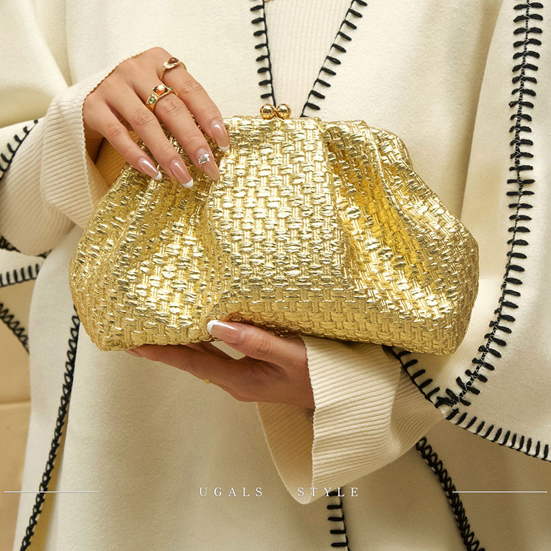 UGALS法式高级感金色编织云朵褶皱饺子宴会气质百搭手拿斜挎包女