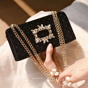 UGALS法式复古丝绒波点镶钻闪亮不灵百翻盖马鞍小方包腋下斜挎包