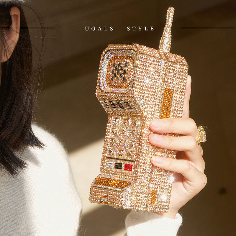 UGALS欧美时尚重工闪亮镶水钻手机包女个性宴会口红钥匙手拿小包