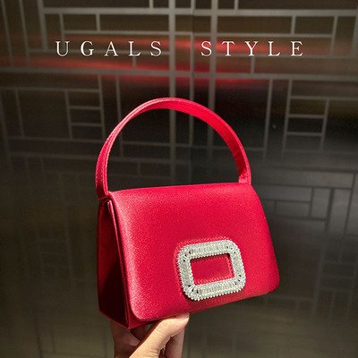UGALS宴会丝绸缎面时尚百搭亮面水钻闪亮不灵盒子手拿斜挎小方包