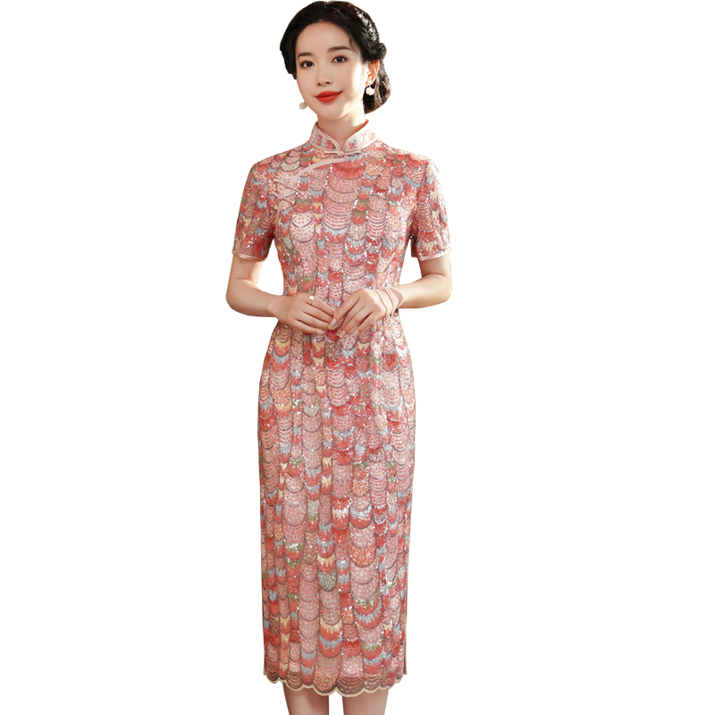 彩色亮片中长款宴会年轻妈妈旗袍