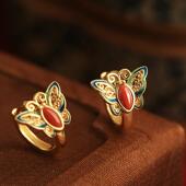 天然南红耳饰珐琅蝴蝶耳环女高级新中式 红色新年过年耳钉耳扣礼物
