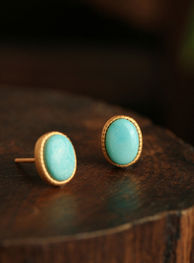 绿松石气质小耳钉纯银古法金高级感耳饰蓝色新中式女国风耳环小众