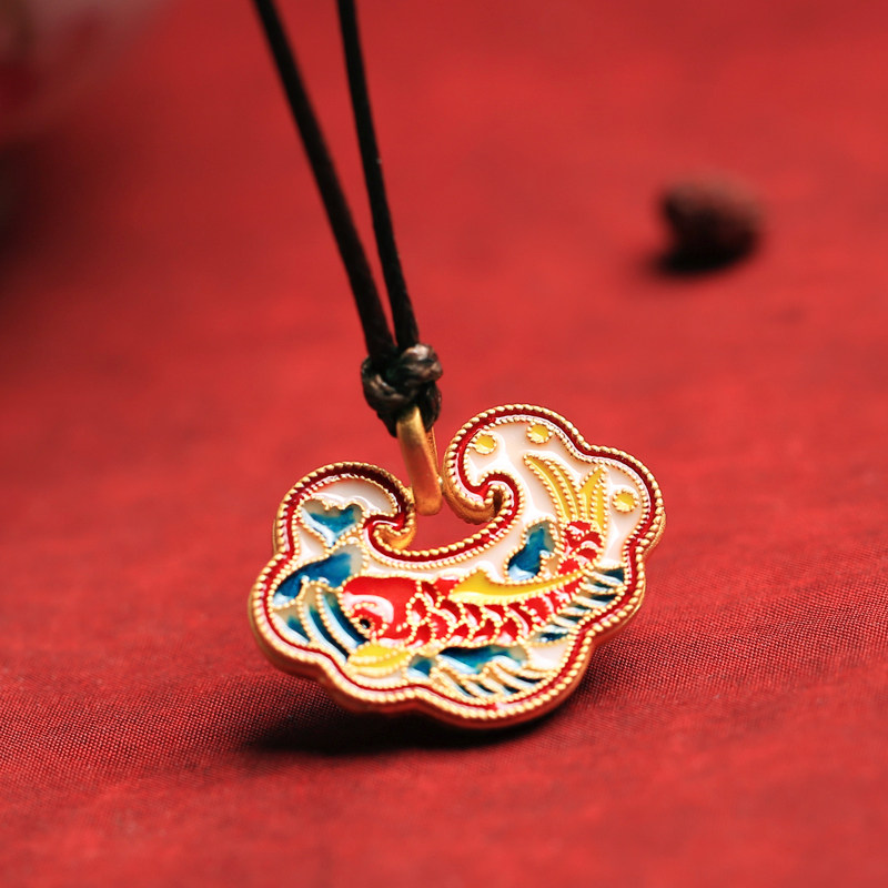 纯银珐琅锦鲤长命锁吊坠女国风和田玉碧玉金包银平安锁项链毛衣链