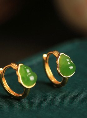 福禄和田玉碧玉耳扣纯银葫芦耳环女绿色玉石新年过年耳饰耳钉礼物