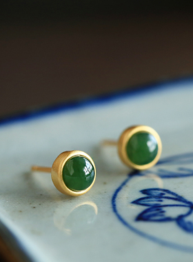 和田玉碧玉纯银耳钉女新中式绿色玉石金镶玉新年过年礼物耳饰耳环