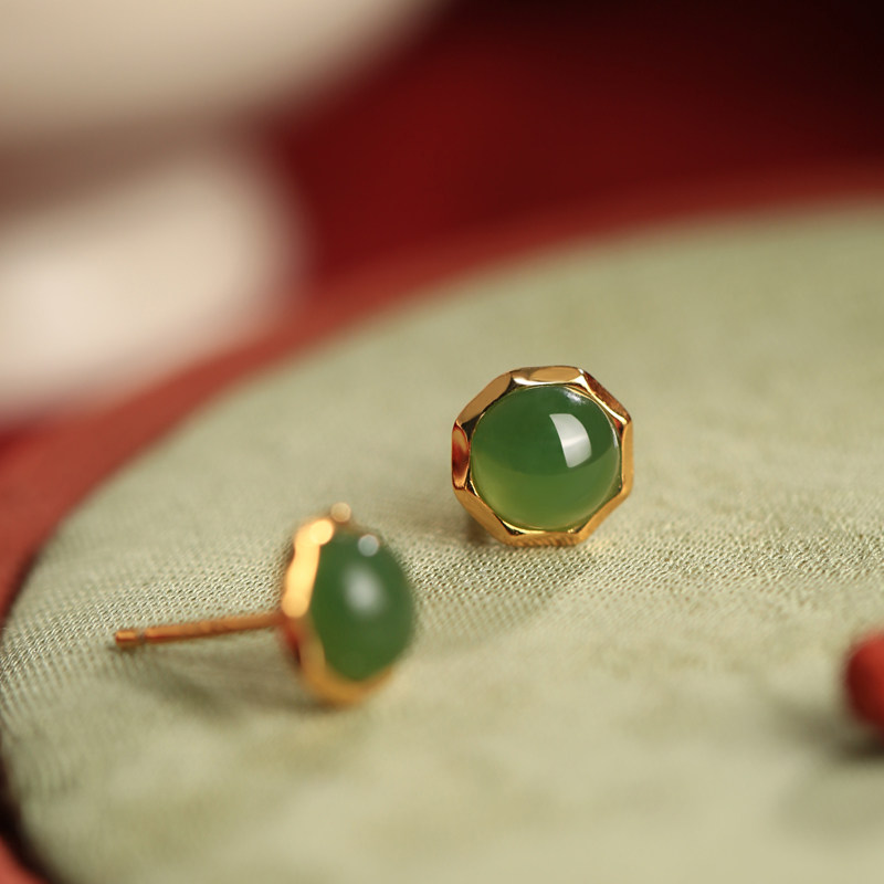 小银匠天然和田玉碧玉纯银耳钉女新中式金镶玉高级绿色玉耳饰耳环