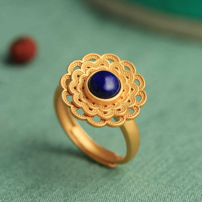 小银匠青金石纯银开口莲花戒指女款金镶玉轻奢金包银食指小众设计