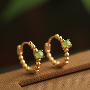 小银匠和田玉碧玉纯银耳扣女士新中式 高级金镶玉耳圈耳饰耳钉耳环