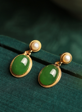 和田玉碧玉纯银水滴耳环女新中式新年过年绿色玉耳饰耳坠耳钉礼物