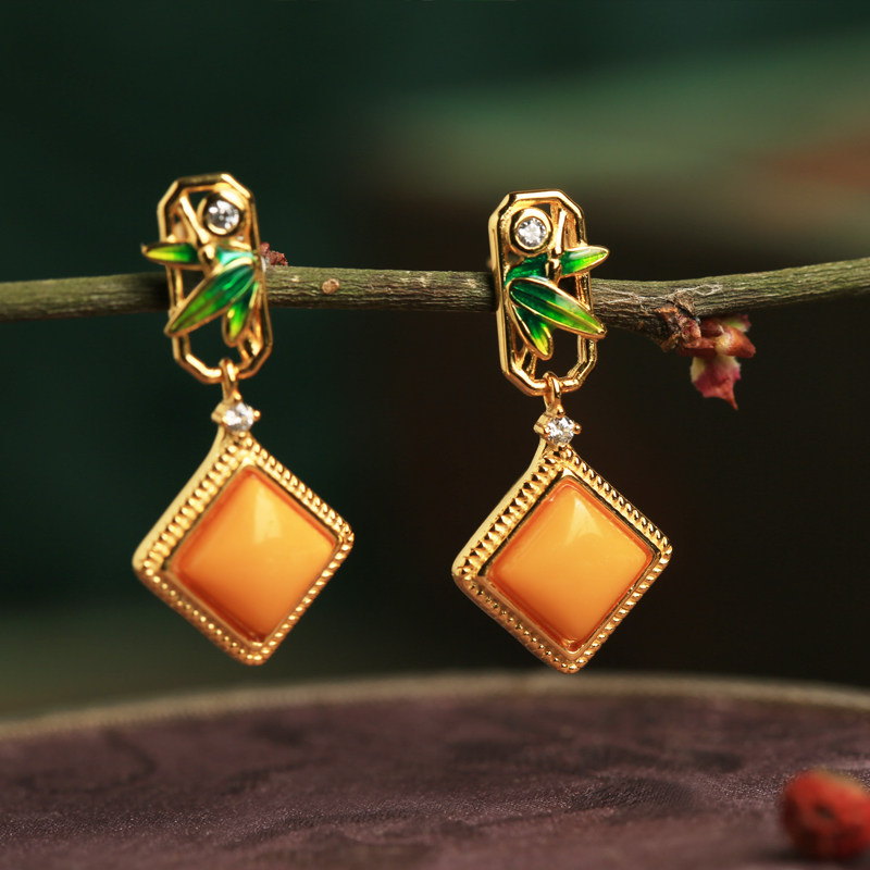 小银匠天然蜜蜡耳饰纯银菱形雅竹耳钉女新中式高级黄色玉耳环耳坠