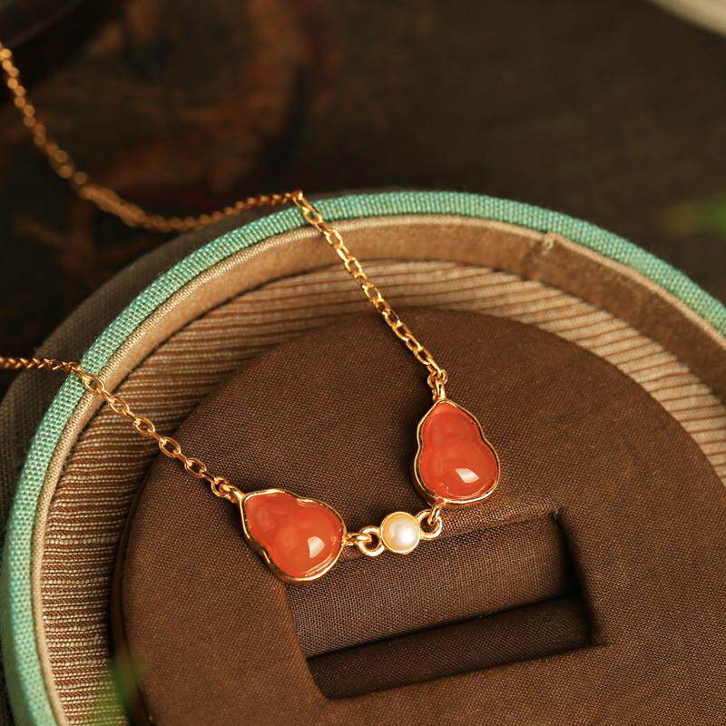 小银匠天然南红葫芦纯银吊坠女新中式红色金镶玉红玛瑙锁骨链项链