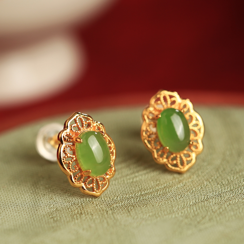 和田玉纯银18k金如意耳钉女 中式国风碧玉高级感轻奢玉石耳饰耳环