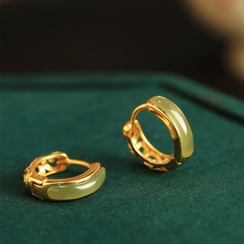 和田玉碧玉纯银花丝耳扣耳钉女金镶玉轻奢新中式国风玉石耳环耳饰