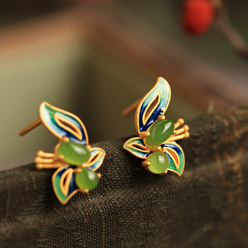 和田玉碧玉珐琅蝴蝶纯银耳钉女新中式国风景泰蓝绿色玉石耳饰耳环,饰品/流行首饰/时尚饰品新,耳钉,淘宝优惠券,粉丝福利购,淘宝优惠卷