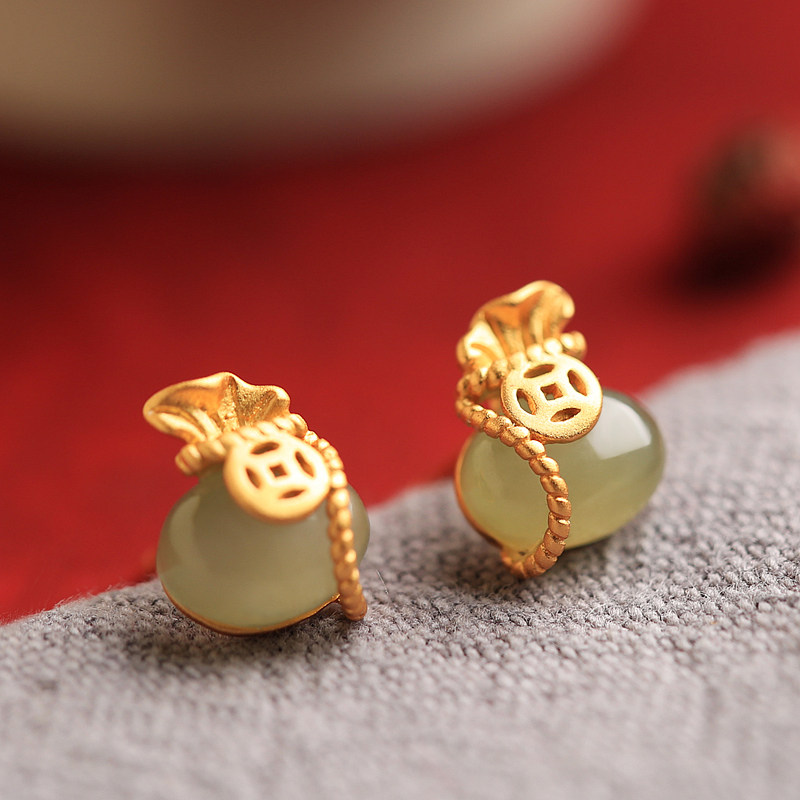 福袋和田玉纯银耳钉女新中式国风钱袋旺财招财玉石金镶玉耳饰耳环