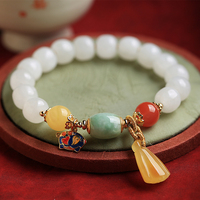 Little Silversmith Natural Hetian Jade Beeswax Jadeite Nanhong Duobao Sterling Silver Bracelet Women's Bucket Beads Suet Fat White Jade Bracelet