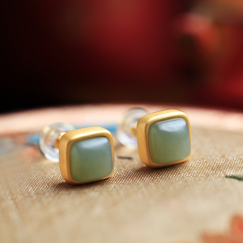 小银匠和田玉且末蓝方女纯银耳钉