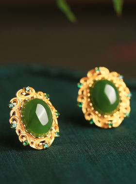和田玉碧玉纯银花丝耳钉女新中式国风金镶玉绿色玉石宝石耳饰耳环