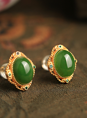 天然碧玉和田玉纯银花丝耳钉女轻奢金镶玉绿色玉石绿宝石耳饰耳环