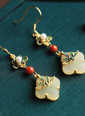 纯银和田玉四叶草耳环女新中式国风珐琅复古绿色玉石耳坠耳饰耳钉