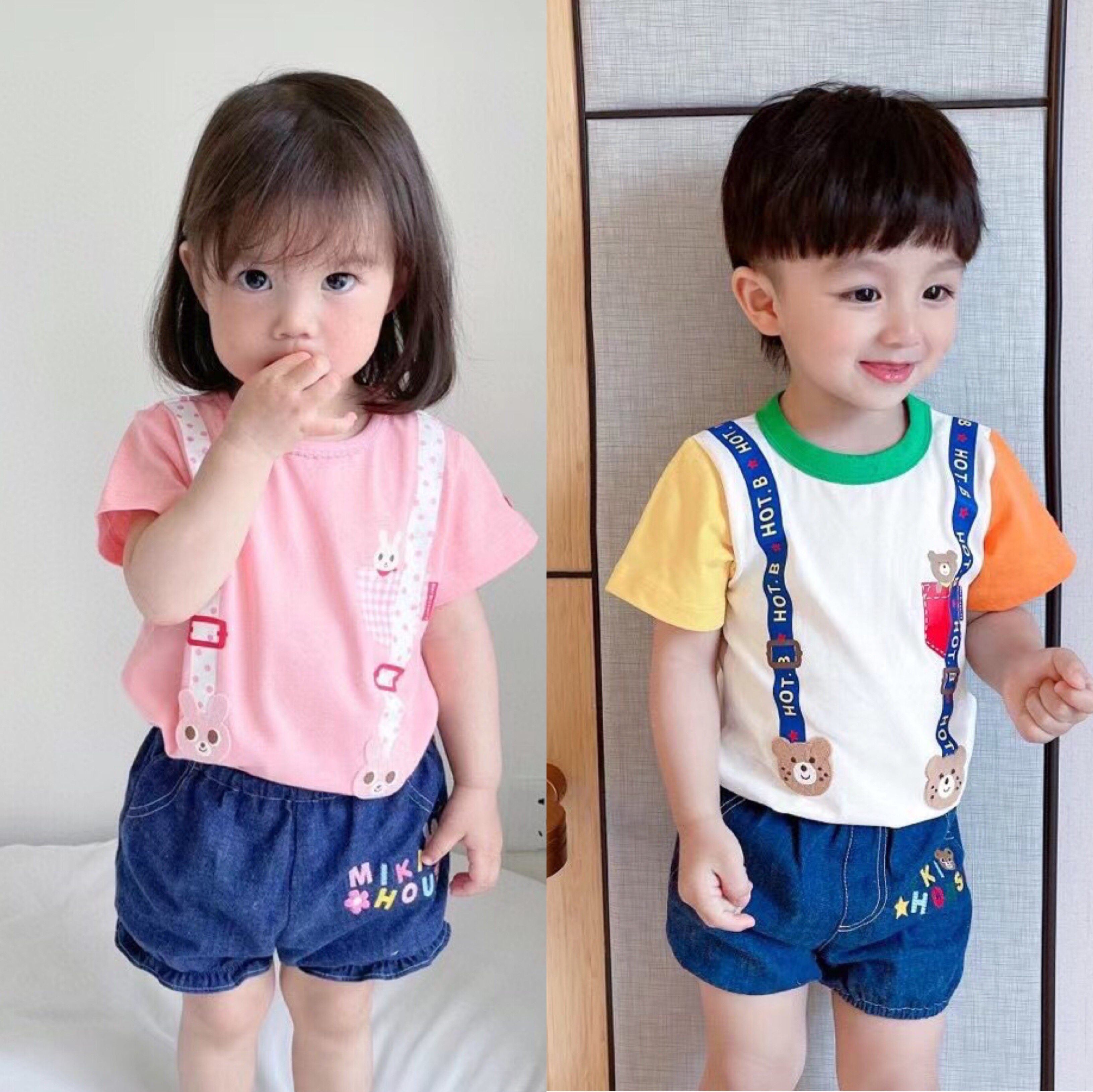 可爱小背带 清仓夏款miki同款男女儿童可爱全棉假口袋熊兔短袖T恤