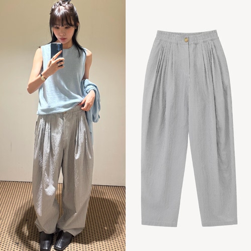 韩国正品直邮 MOONDAL 26夏新款  休闲宽松直筒褶皱松紧腰长裤女