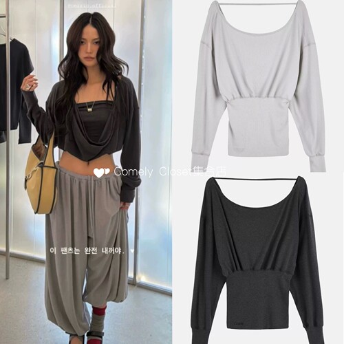 韩国采购 CERRIC 26春夏新 甜酷辣妹风前后穿垂坠感船领露背上衣