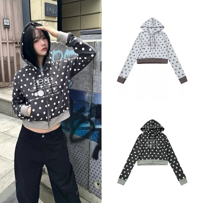 国内现货 AEAE 2025秋季新款复古波点印花拉链短款连帽卫衣外套女