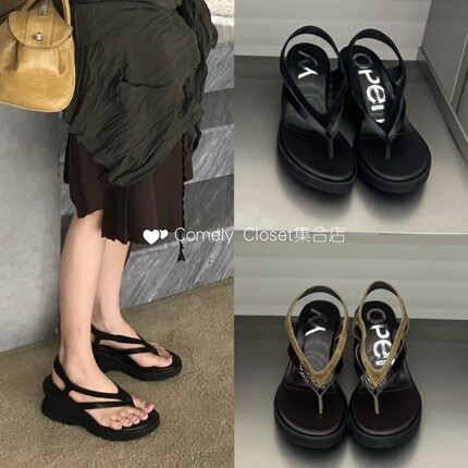 韩国买手店 Openyy 26新款 复古双带厚底夹脚凉鞋坡跟罗马鞋 女