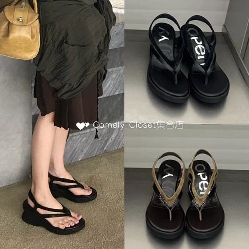 韩国买手店 Openyy 26新款 复古双带厚底夹脚凉鞋坡跟罗马鞋 女