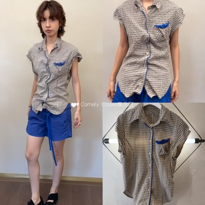 韩国直邮 OPEN YY 26夏季新款 色块金属格纹褶皱大袖口短袖衬衫女