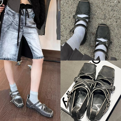 在途 OPENYY 25新款复古方头芭蕾舞鞋交叉绑带玛丽珍鞋猪鼻单鞋女