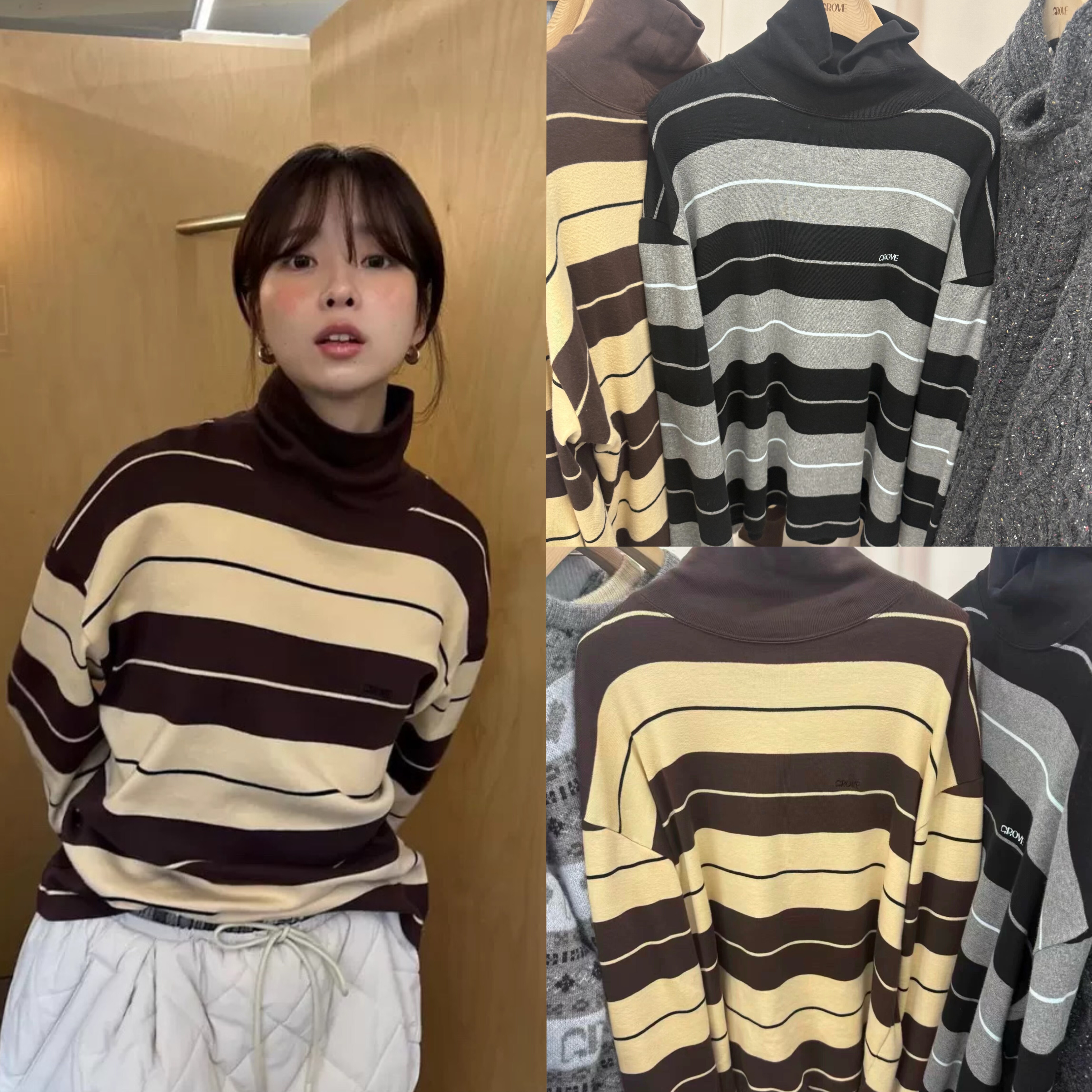 代购 Seoul Grove  25秋冬新款  STRIPE拼色高领条纹T恤长袖卫衣