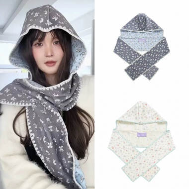 现货 minjiena 可爱兔子帽兜26新款小猫双面用连帽围巾围脖披肩