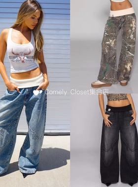 买手店现货 revice denim 螺纹腰头复古做旧迷彩阔腿裤直筒牛仔裤