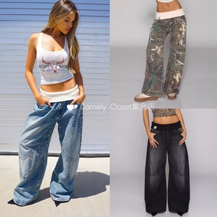 买手店现货 revice denim 螺纹腰头复古做旧迷彩阔腿裤直筒牛仔裤