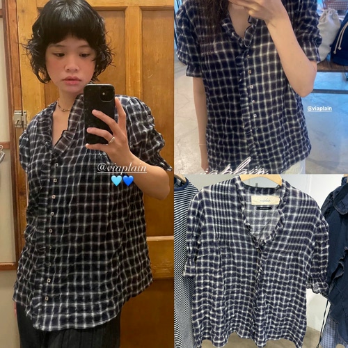 韩国采购 viaplain 26夏季新款 Victoria 荷叶边格子衬衫短袖女