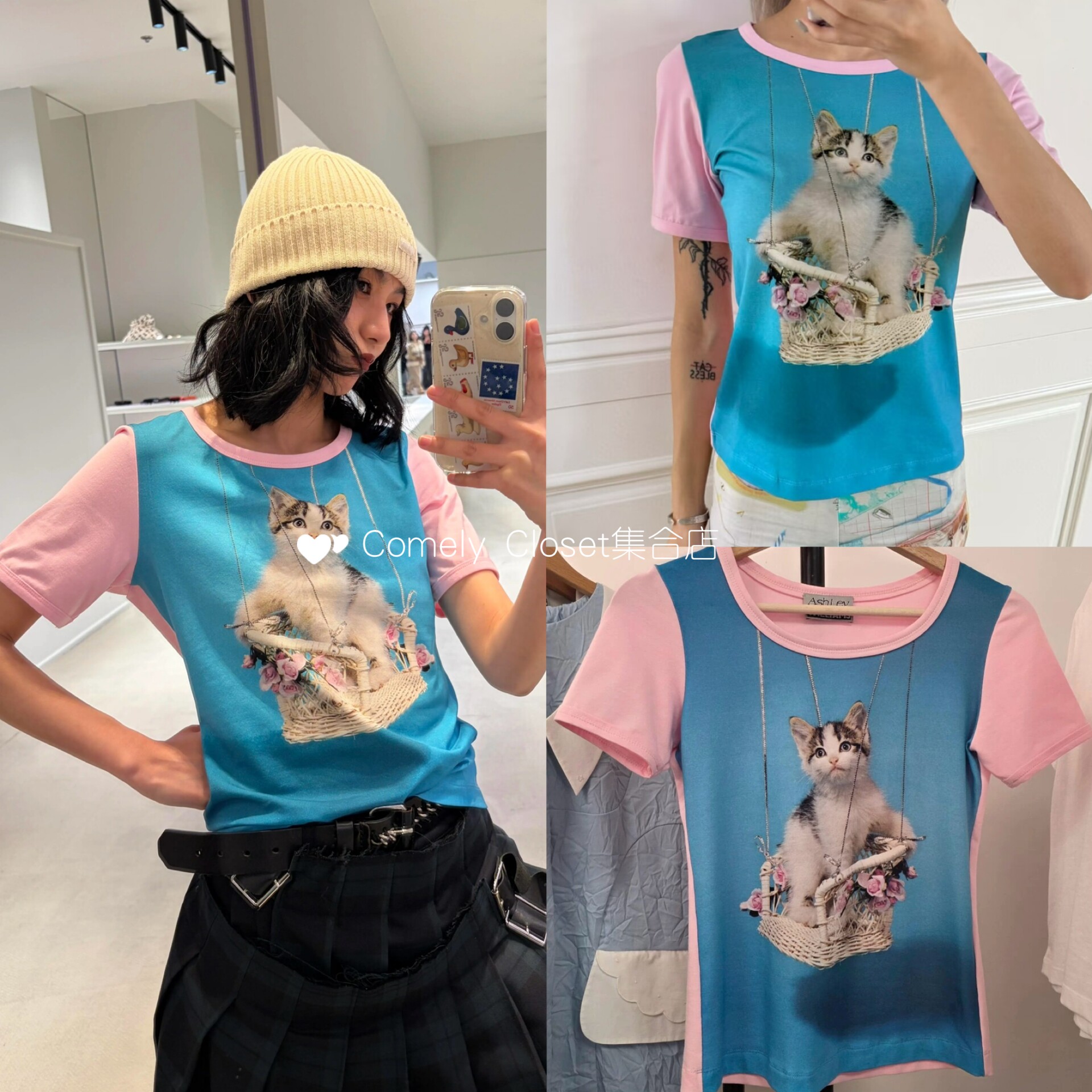买手店 Ashley Williams 26春夏新款 Y2K猫咪印花baby Tee短袖T恤图片