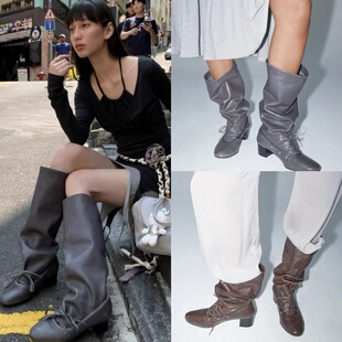 国内现货 paloma wool 同款百搭靴子粗跟系带皮靴褶皱堆堆中筒靴