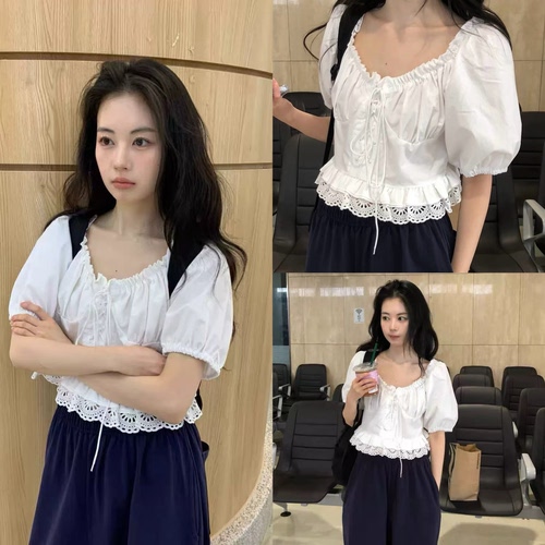 韩国买手店 WITHOUTSUMMER  26新款 泡泡袖蕾丝拼接绑带半袖衬衫
