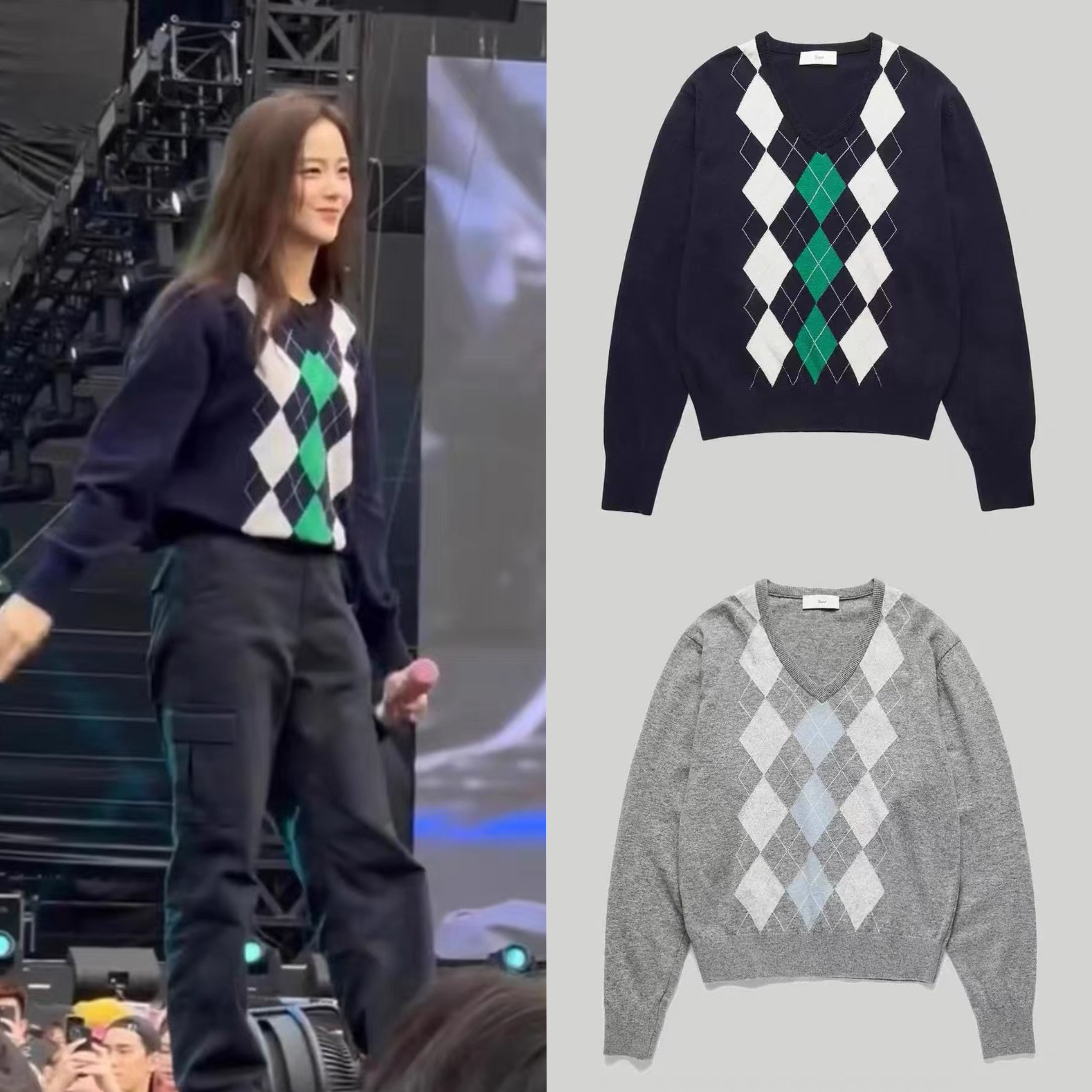 现货 dunst 23秋冬新款 金智秀同款 羊毛菱格撞色V领针织长袖毛衣