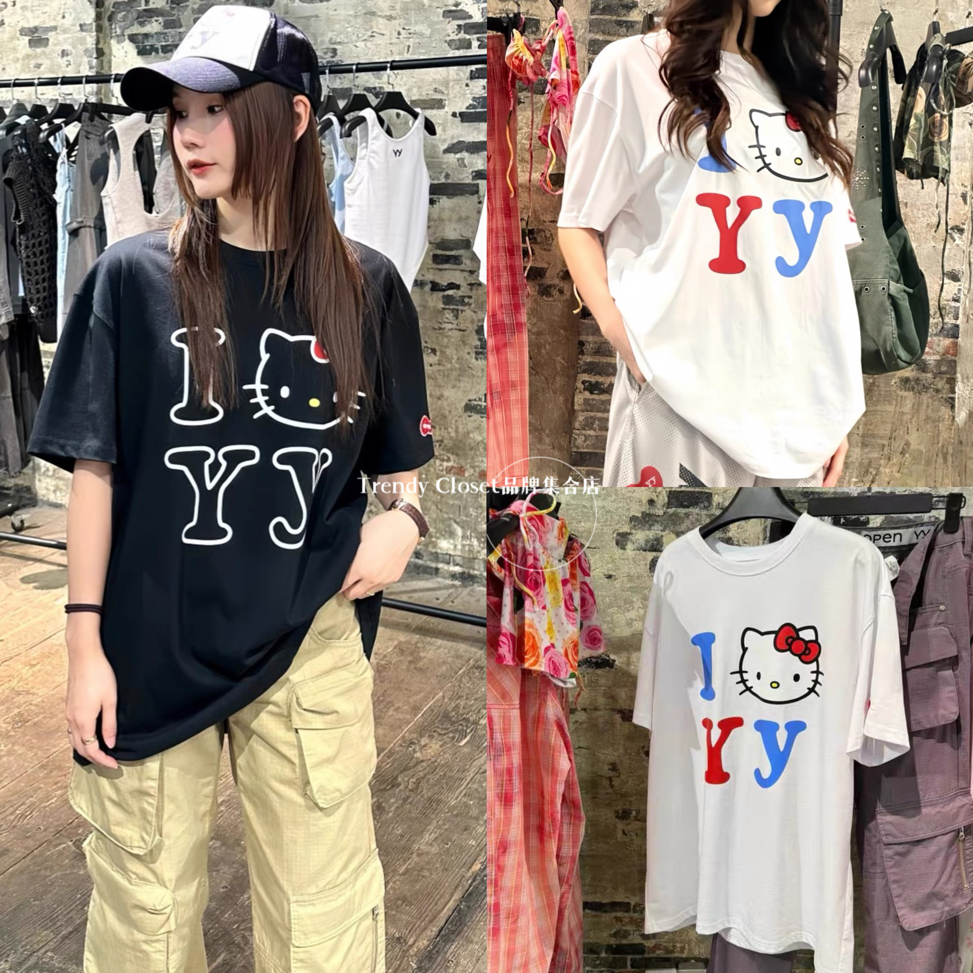 韩国正品 OPEN YY 24新款 圆领Hello kitty印花短袖宽松休闲T恤女