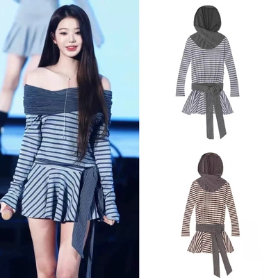 国内现货 GLOWNY 张元英叶舒华同款条纹一字领连帽系带长袖连衣裙