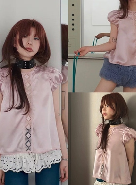 国内现货 freckle 26新款 复古少女粉色蕾丝缎面泡泡袖上衣女
