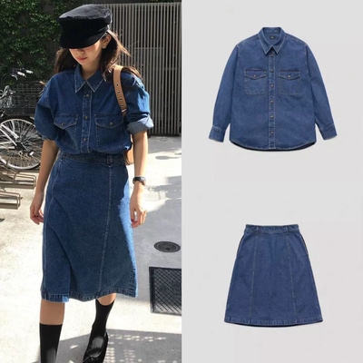 国内现货 the barnnet 25秋新款 长袖牛仔衬衫高腰A字半身裙套装
