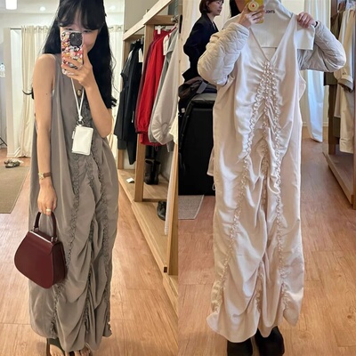 国内现货 ethos 25夏季新款 时尚V领无袖皱褶猪大肠连衣裙长裙女