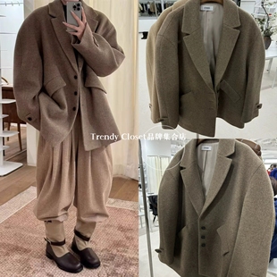 北京现货 ethos 25冬新款 单排扣大衣风落肩羊毛毛呢外套高级西装