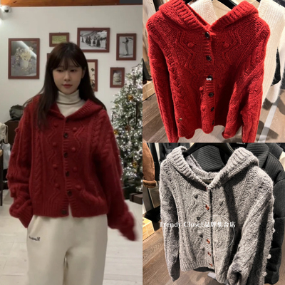 韩国正品 howus 24秋冬季新款 圣诞新年红羊毛麻花连帽针织衫上衣